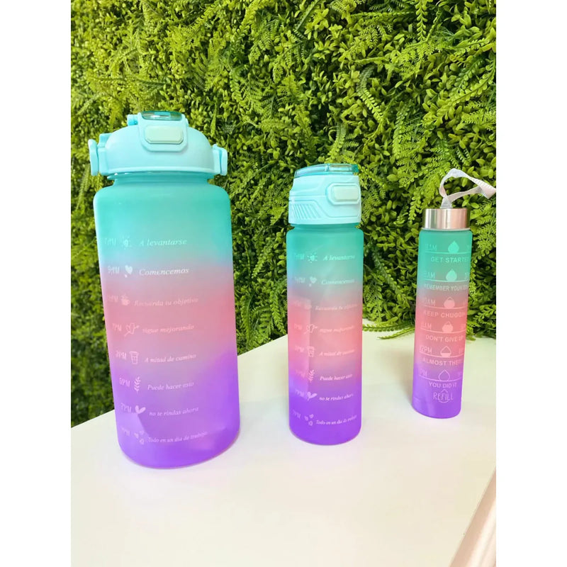 Kit 3 Garrafas Água Squeeze Motivacional 300M+ 900ML+ 2000ML