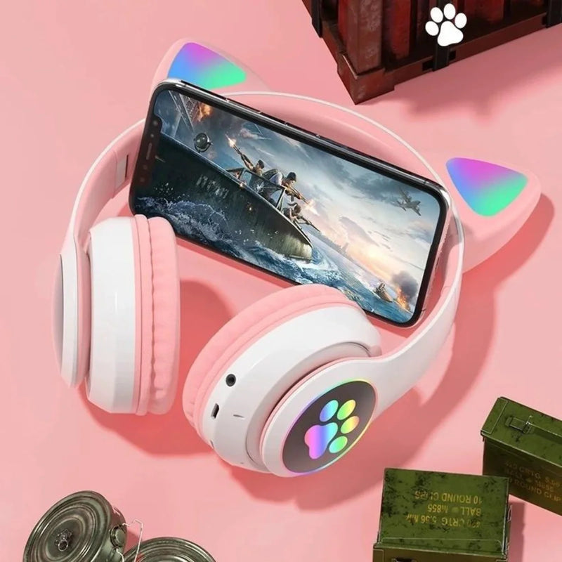 Fone Bluetooth Gamer Orelhas de Gato com Led Headphone