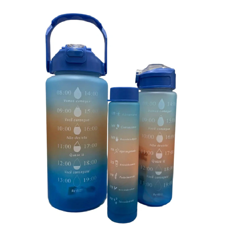Kit 3 Garrafas Água Squeeze Motivacional 300M+ 900ML+ 2000ML
